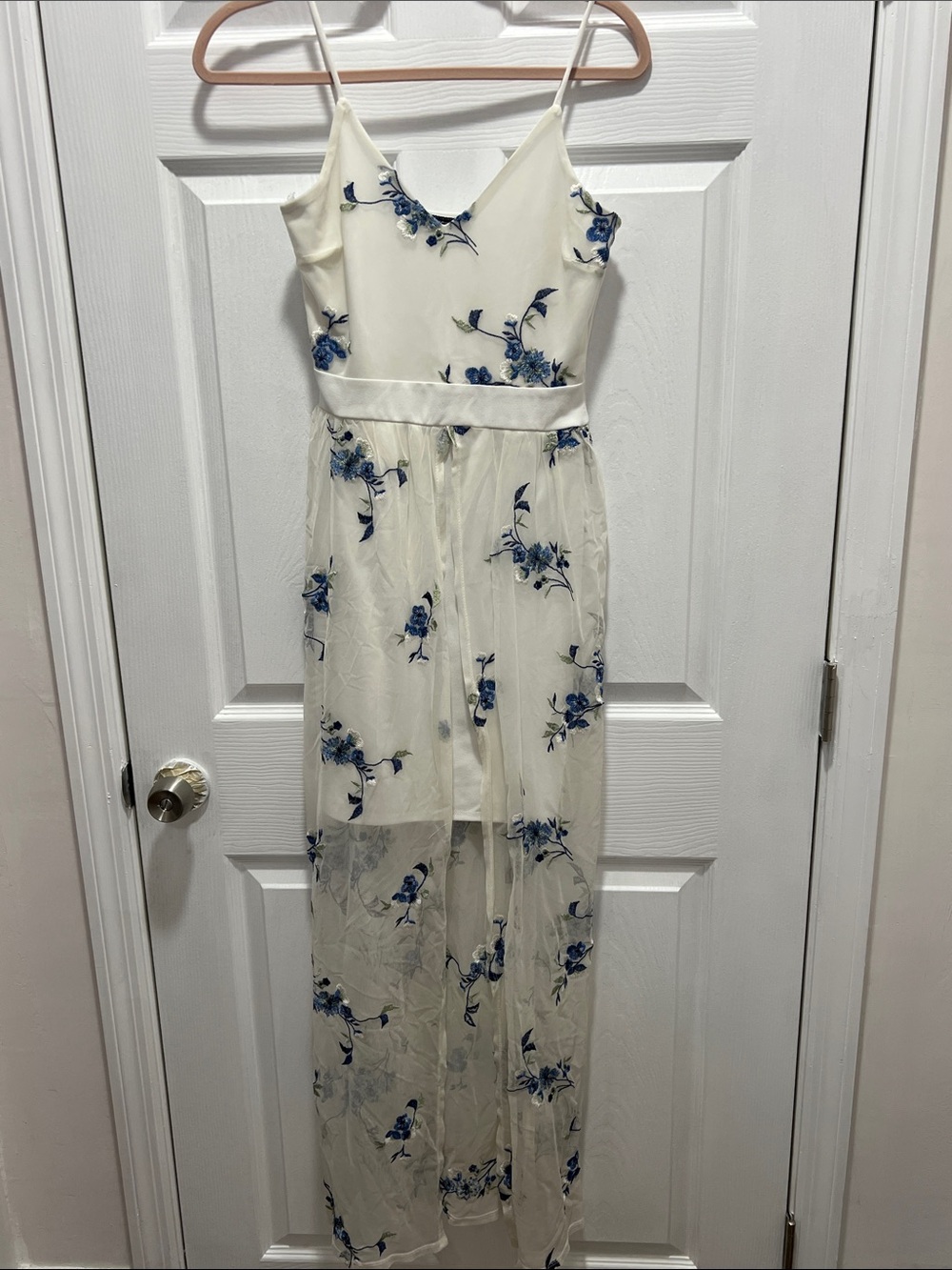 Ivory Maxi Dress with Blue Floral Appliqué